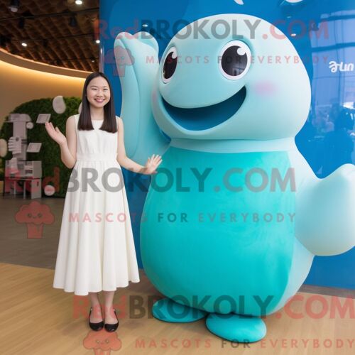 Costume De Mascotte Redbrokoly De Béluga Cyan Personnage Habillé Avec Une Robe Midi Et Des Boucles D Oreilles