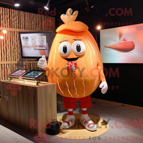 Personnage De Costume De Mascotte Redbrokoly De Steak De Pêche Habillé Avec Un T-Shirt Graphique Et Des Épingles À Cheveux