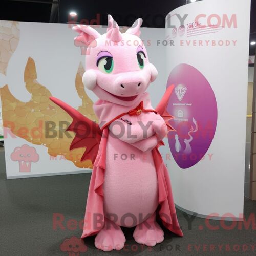 Costume De Mascotte Redbrokoly De Dragon Rose Habillé Avec Une Mini Robe Et Des Châles