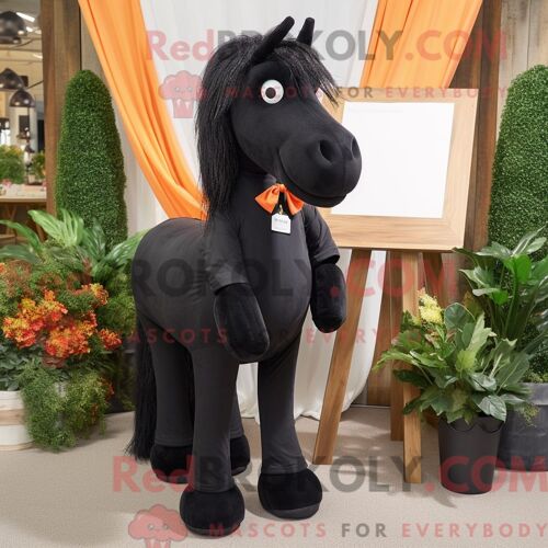 Costume Mascotte Redbrokoly De Jument Noire Personnage Habillé D Un Pantalon En Velours Côtelé Et D Épingles À Cravate