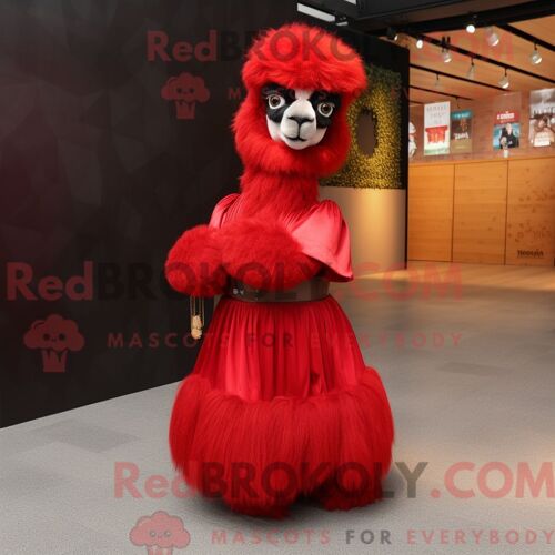 Costume De Mascotte Redbrokoly D Alpaga Rouge Personnage Habillé D Une Robe De Bal Et D Épingles À Cravate