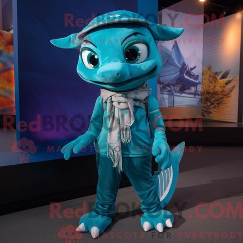 Costume De Mascotte Redbrokoly De Chupacabra Bleu Sarcelle Habillé Avec Des Leggings Et Des Écharpes