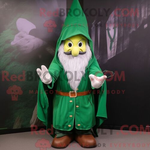 Costume Mascotte Redbrokoly De Magicien Vert Forêt Habillé D Un Coupe-Vent Et De Pinces À Chaussures