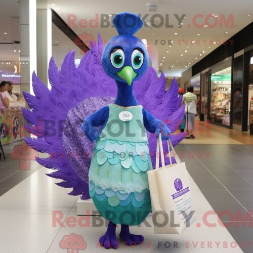 Personnage De Costume De Mascotte Redbrokoly De Paon Lavande Habillé Avec Une Robe Droite Et Des Sacs Fourre-Tout