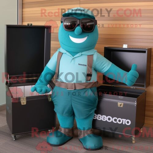 Costume De Mascotte Redbrokoly De Bbq Ribs Bleu Sarcelle Habillé Avec Une Barboteuse Et Des Porte-Documents