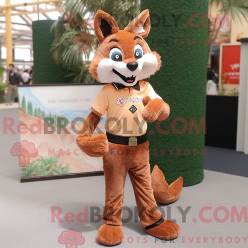 Costume Mascotte Redbrokoly De Renard Marron Habillé D Un Pantalon Capri Et De Pinces À Cheveux