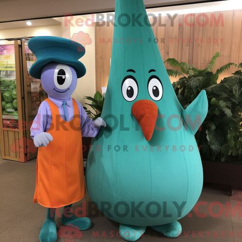 Personnage De Costume De Mascotte Redbrokoly De Carotte Bleu Sarcelle Habillé Avec Une Robe Fourreau Et Des Écharpes