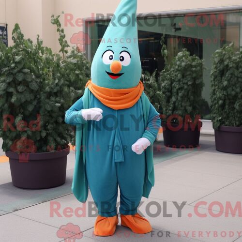 Personnage De Costume De Mascotte Redbrokoly De Carotte Bleu Sarcelle Habillé Avec Une Robe Fourreau Et Des Écharpes