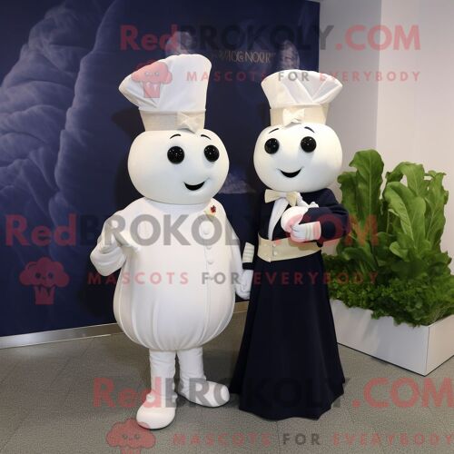Costume Mascotte Redbrokoly De Navet Bleu Marine Personnage Habillé D Une Robe De Mariée Et De Boutons De Manchette