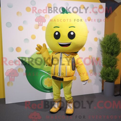 Costume De Mascotte Redbrokoly De Melon Jaune Citron Habillé D Une Veste De Moto Et De Portefeuilles