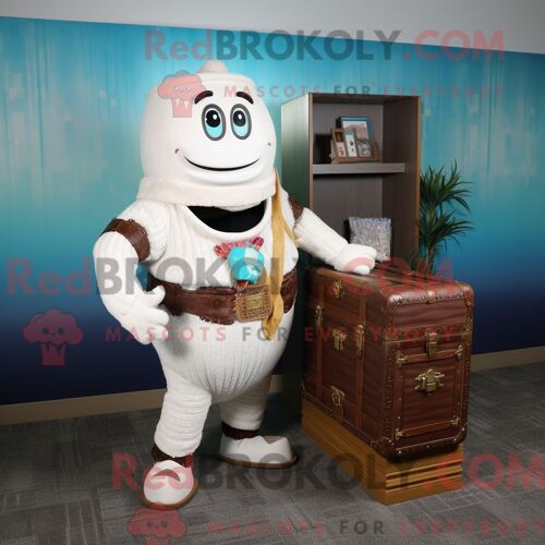 Personnage Mascotte Redbrokoly D Un Coffre Au Trésor Blanc Habillé D Un Pull Et De Bretelles
