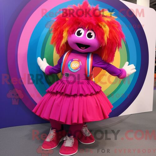 Personnage Mascotte Redbrokoly D Un Arc-En-Ciel Magenta Habillé D Une Jupe Circulaire Et De Sacs À Dos
