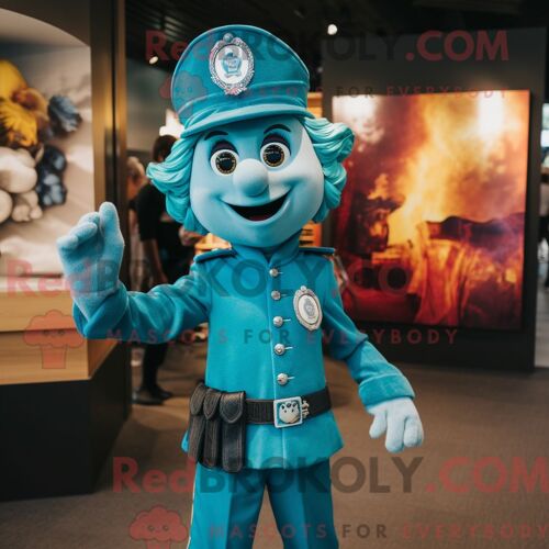 Personnage Mascotte Redbrokoly D Un Pompier Turquoise Habillé D Une Robe Trapèze Et De Bérets