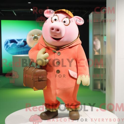 Personnage Mascotte Redbrokoly D Un Cochon Pêche Habillé D Un Manteau Et De Portefeuilles