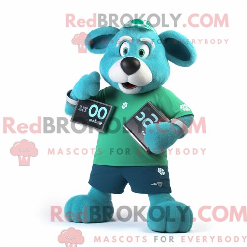 Personnage Mascotte Redbrokoly D Un Groupe De Trèfles Bleu Sarcelle Habillé D Un Short Et De Montres Numériques