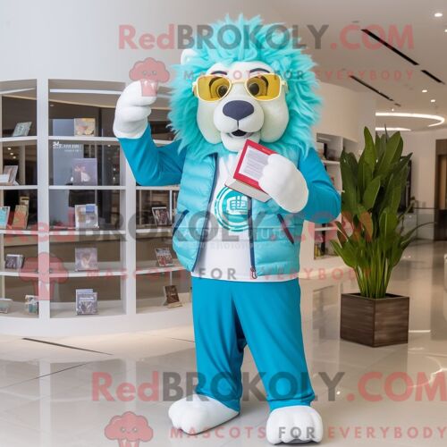 Personnage Mascotte Redbrokoly D Un Lion Turquoise Habillé D Un Cardigan Et De Lunettes De Lecture