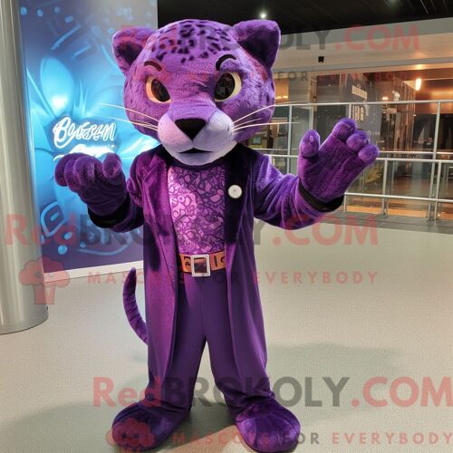 Personnage Mascotte Redbrokoly D Une Jaguar Violette Habillée D Une Robe Longue Et D Épingles À Cravate