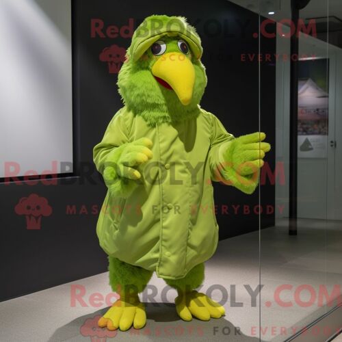 Personnage Mascotte Redbrokoly D Un Poulet Vert Citron Habillé D Une Parka Et De Coussinets De Pieds