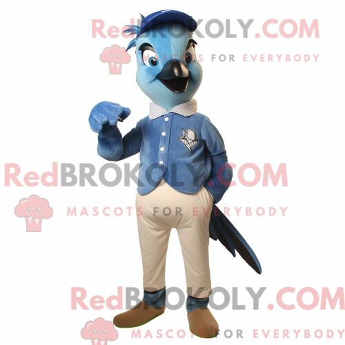 Costume De Mascotte Redbrokoly De Geai Bleu Olive Personnage Habillé Avec Un Jean Maman Et Des Boucles D Oreilles