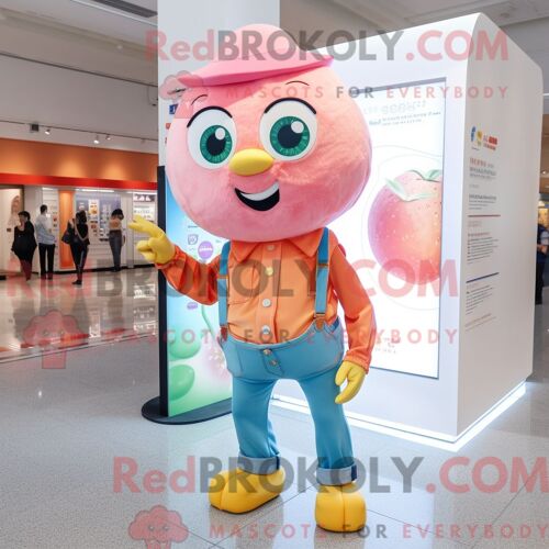 Personnage De Costume De Mascotte Redbrokoly Peach Candy Box Habillé Avec Un Jean Boyfriend Et Des Épinglettes