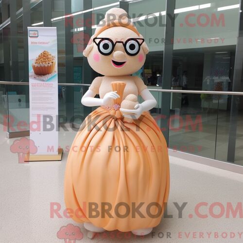 Personnage De Costume De Mascotte Redbrokoly De Gâteau De Mariage De Pêche Habillé Avec Une Jupe Crayon Et Des Lunettes De Lecture