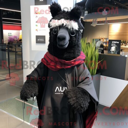 Costume Mascotte Redbrokoly De Lama Noir Personnage Habillé Avec Un Sweat À Capuche Et Des Clips Pour Écharpe