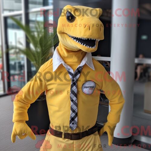 Costume De Mascotte Redbrokoly Deinonychus Jaune Citron Habillé D Une Chemise Oxford Et D Épinglettes