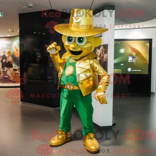 Personnage De Costume De Mascotte Redbrokoly De Leprechaun Doré Habillé D Un Jean Évasé Et D Un Porte-Monnaie