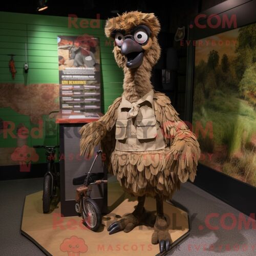 Personnage Mascotte Redbrokoly D Un Emu Marron Habillé D Un Short Cargo Et De Porte-Clés