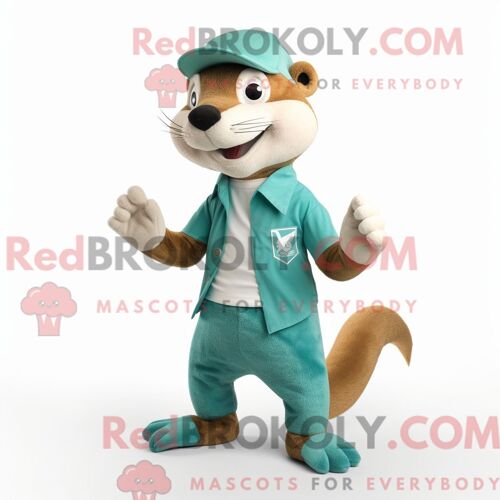 Costume Mascotte Redbrokoly De Belette Bleu Sarcelle Habillé Avec Un Pantalon Chino Et Des Pinces À Chaussures