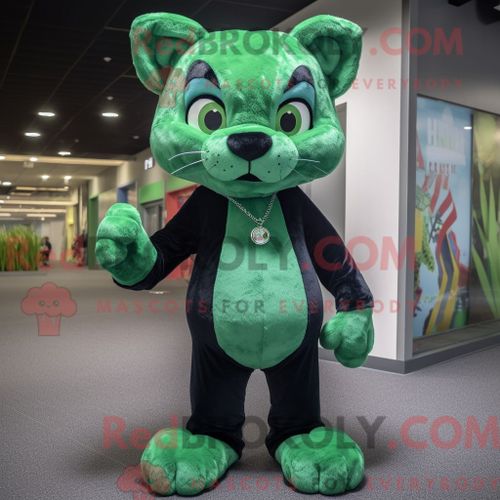 Personnage De Costume De Mascotte Redbrokoly De Panthère Verte Habillé Avec Un Jean Bootcut Et Des Boucles D Oreilles