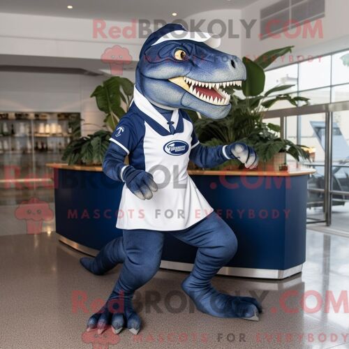 Costume De Mascotte Redbrokoly D Allosaure Bleu Marine Personnage Habillé D Une Jupe Trapèze Et De Lacets De Chaussures