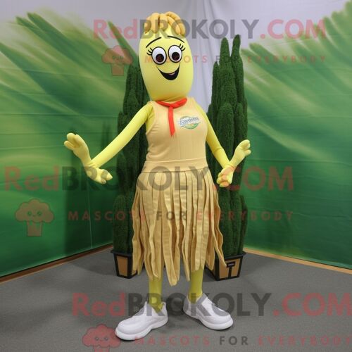 Costume Mascotte Redbrokoly D Asperges Dorées Personnage Habillé Avec Une Mini-Jupe Et Des Lacets De Chaussures