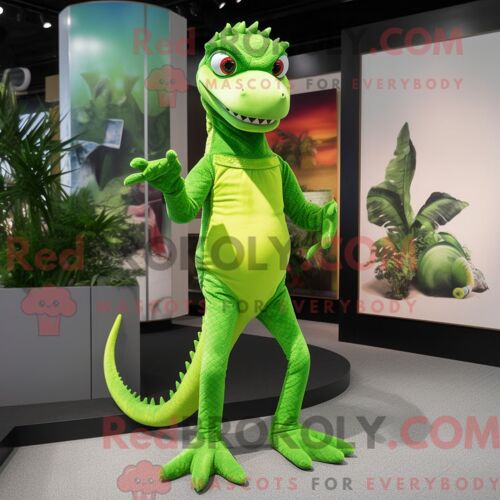 Costume Mascotte Redbrokoly De Lézard Vert Citron Personnage Habillé Avec Un Pantalon Et Des Boucles D Oreilles