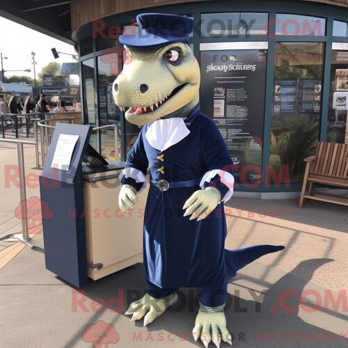 Costume De Mascotte Redbrokoly D Allosaure Bleu Marine Personnage Habillé D Une Jupe Trapèze Et De Lacets De Chaussures