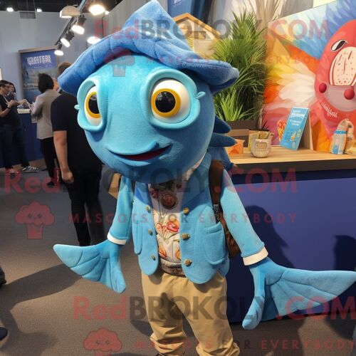 Personnage Mascotte Redbrokoly D Un Iguanodon Cyan Habillé D Un Manteau Et De Sacs À Dos
