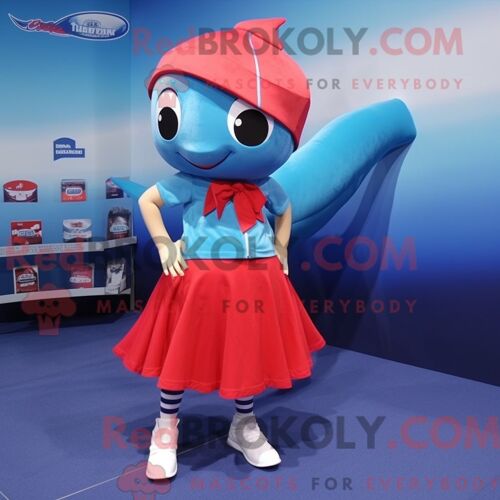 Costume De Mascotte Redbrokoly De Baleine Bleue Rouge Habillé D Une Mini-Jupe Et De Pinces À Chaussures