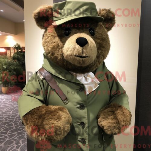 Costume De Mascotte Redbrokoly D Ours En Peluche Olive Habillé D Une Chemise Habillée Et D Épingles À Châle