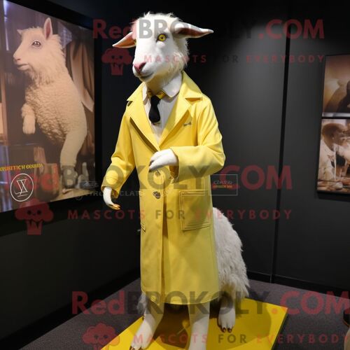 Costume De Mascotte Redbrokoly De Chèvre Angora Jaune Citron Personnage Habillé D Un Manteau Et D Épinglettes
