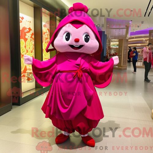 Personnage De Costume De Mascotte Redbrokoly Magenta Dim Sum Habillé Avec Une Robe Portefeuille Et Des Bracelets De Cheville