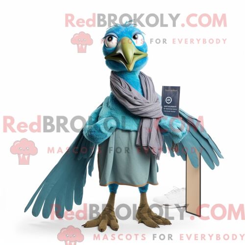 Costume De Mascotte Redbrokoly D Archeopteryx Cyan Personnage Habillé D Un Gilet Et D Écharpes