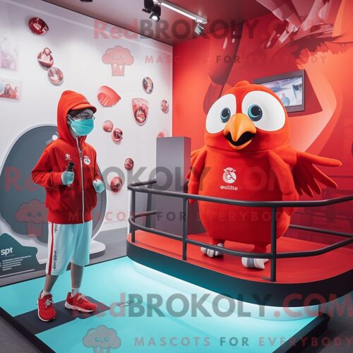 Costume De Mascotte Redbrokoly De Pigeon Rouge Personnage Habillé D Un Maillot De Bain Et De Bonnets