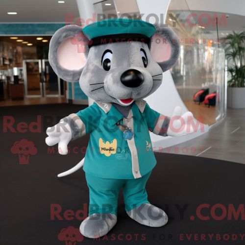 Costume Mascotte Redbrokoly De Souris Bleu Sarcelle Habillé D Un Gilet Et De Bérets