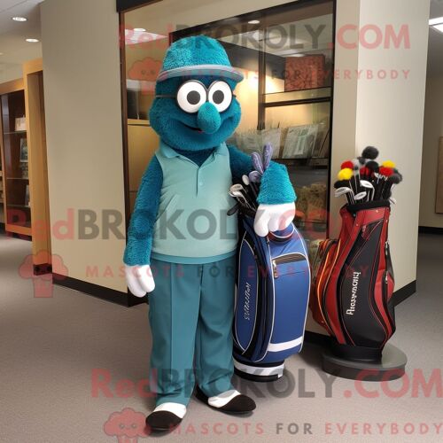 Costume De Mascotte Redbrokoly De Sac De Golf Bleu Sarcelle Habillé Avec Un Pantalon En Velours Côtelé Et Des Lunettes De Lecture