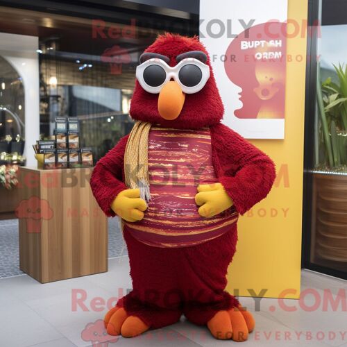 Personnage De Costume De Mascotte Redbrokoly De Poulet Au Beurre Marron Habillé Avec Des Leggings Et Des Lunettes De Soleil