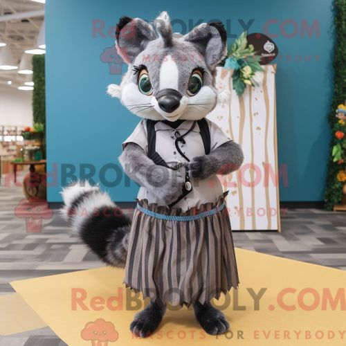 Costume Mascotte Redbrokoly De Civette Grise Personnage Habillé Avec Une Jupe Plissée Et Des Épingles À Cheveux