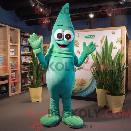 Personnage Mascotte Redbrokoly D Asperge Bleu Sarcelle Habillé D Une Combinaison Et De Coussinets De Pieds