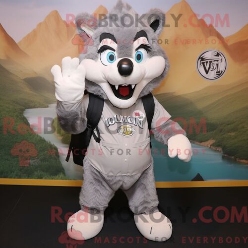 Personnage Mascotte Redbrokoly D Un Loup Say Gris Habillé D Un T-Shirt Et De Besaces