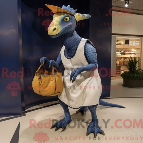 Personnage Mascotte Redbrokoly D Un Parasaurolophus De La Marine Habillé D Un Short Et De Sacs À Main