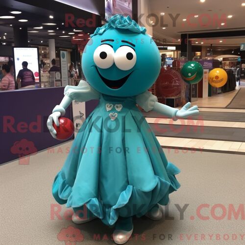 Costume Mascotte Redbrokoly De Boule De Pétanque Turquoise Personnage Habillé Avec Une Robe De Bal Et Des Sacs À Main
